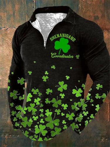 St.Patrick's Day Men's Zip Polo Polo Shirt Golf Shirt Saint Patrick Day St. Patrick's Day Clover Turndown Black White Green Outdoor Street Long Sleeve Zipper Print Clothing Apparel Fashion Streetwear