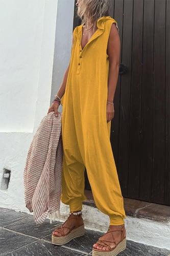 Women's Jumpsuits Casual Utility Button Solid Color Hooded Streetwear Daily Vacation Regular Fit Sleeveless Black Yellow Purple S M L Summer Fall