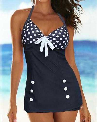 Women's Plus Size Swimwear Swimdresses Swimsuit Halter 2 Piece Printing Beach Wear Summer Polka Dot Sleeveless Bathing Suits