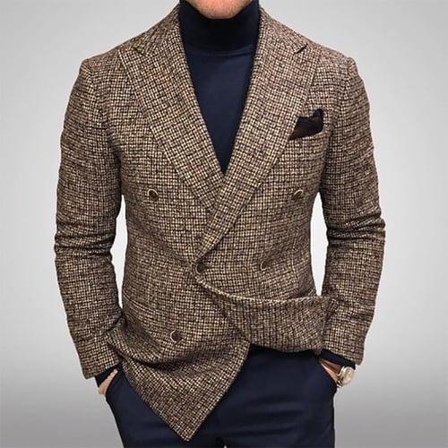 Men's Fall Tweed Wedding Casual Check/Plaid Blazer Jacket Regular Tailored Fit Leaf Santa Claus Double Breasted Six-buttons Brown Grey