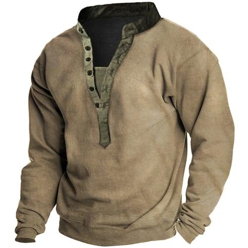 Men's Plus Size Big Tall T shirt Tee Henley Shirt Tee Stand Collar Green Khaki Gray Long Sleeve Outdoor Going out Button-Down Plain Clothing Apparel Polyester Stylish Solid Casual