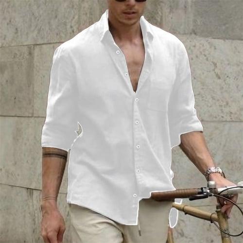Men's Shirt Linen Shirt Summer Shirt Beach Wear Casual Shirt Button Up Shirt Plain Casual Daily White Brown Light Blue Long Sleeve Lapel Spring & Summer Clothing Apparel