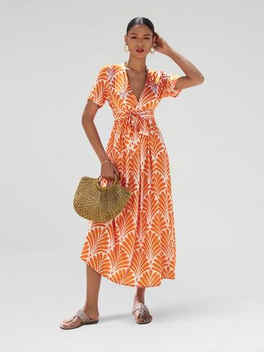 Rayon Geometric Belted Midi Dress