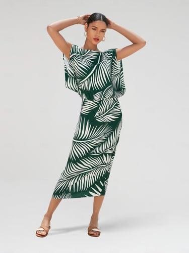 Satin Print Raglansleeve Midi Dress