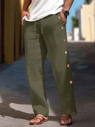 40% Linen Men's Linen Pants Trousers Summer Pants Baggy Pants Drawstring Elastic Waist Side Button Plain Breathable Comfortable Office / Career Daily Vacation Classic Casual Black White