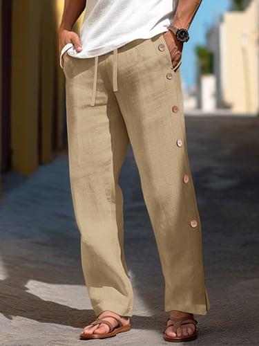 40% Linen Men's Linen Pants Trousers Summer Pants Baggy Pants Drawstring Elastic Waist Side Button Plain Breathable Comfortable Office / Career Daily Vacation Classic Casual Black White