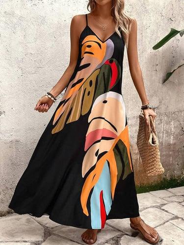 Women's Leaf Color Block Print V Neck Maxi Dress Stylish Casual Vacation Beach Sleeveless Summer