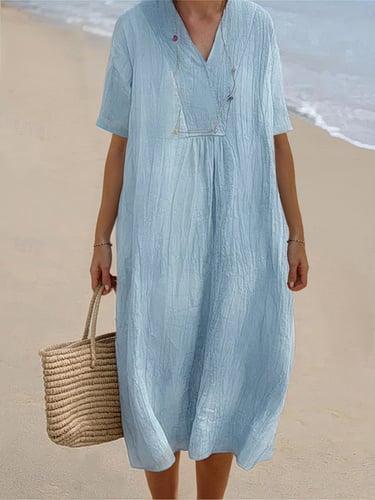 Women's Midi Dress V-neckline Crinkled Texture Light Blue Short Sleeve Casual Beachwear Loose Fit Breathable Summer Apparel