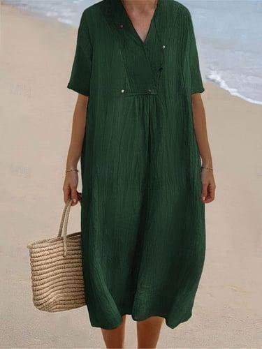 Women's Midi Dress V-neckline Crinkled Texture Light Blue Short Sleeve Casual Beachwear Loose Fit Breathable Summer Apparel