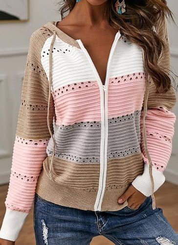 Women's Cardigan Sweater Stylish Casual Soft Color Block Ribbed Hooded Patchwork Zipper Hooded Long Sleeve Knit Outdoor Daily Going out Black Pink Spring Fall