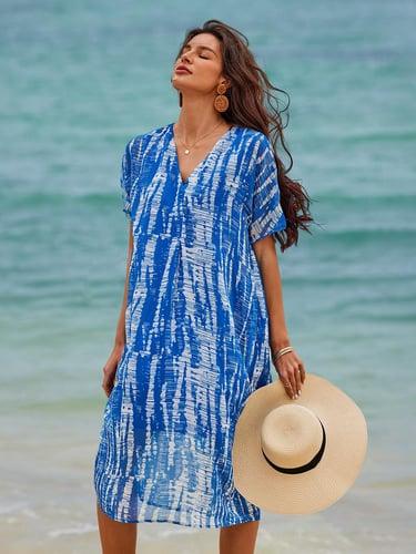 Women's Tie Dye Beach Dress Chiffon Tunic Dress Print V Neck Midi Dress Casual Summer Vacation Short Sleeve Summer