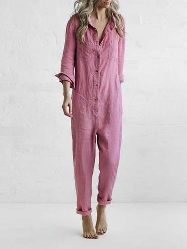 Women's Jumpsuits Utility Casual Summer Button Front Solid Color Shirt Collar Basic Home Traveling Regular Fit Long Sleeve Pink S M L
