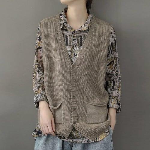 Women's Sweater Vest Basic Casual Solid Color V Neck Pocket Knitted Sleeveless Long Tops Knit Daily Black Brown Spring Fall