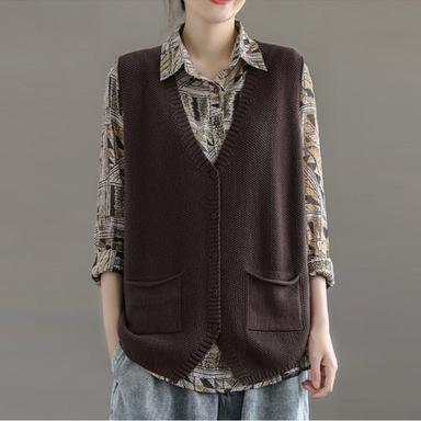 Women's Sweater Vest Basic Casual Solid Color V Neck Pocket Knitted Sleeveless Long Tops Knit Daily Black Brown Spring Fall
