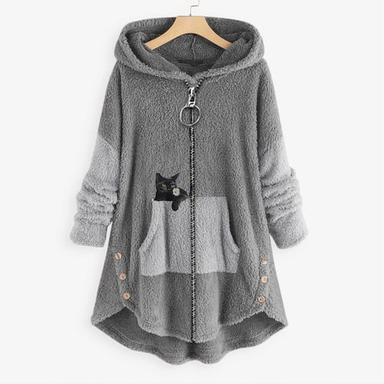 Women's Plus Size Teddy Coat Animal Cat Causal House Long Sleeve V Wire Regular Fall Winter Green Pink Dark Gray L XL XXL 3XL 4XL / Loose Fit