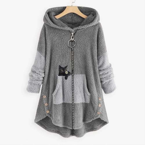 Women's Plus Size Teddy Coat Animal Cat Causal House Long Sleeve V Wire Regular Fall Winter Green Pink Dark Gray L XL XXL 3XL 4XL / Loose Fit
