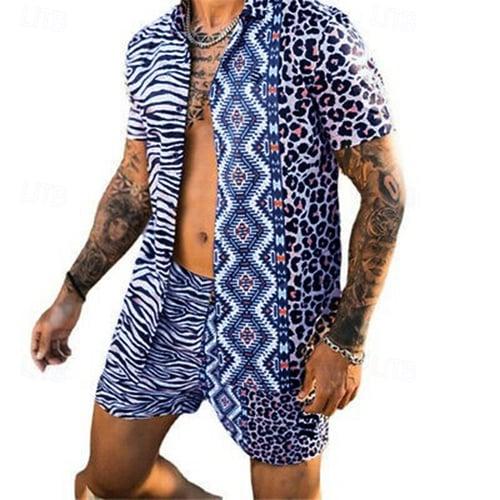 Men's Leopard Zebra 2pcs Summer Hawaiian Shirt Short Sleeve Short Pants Shirts Sets Turndown Fashion Hawaiian Casual Outdoor Vacation Beach 3D Print Button-Down Black Yellow Pink