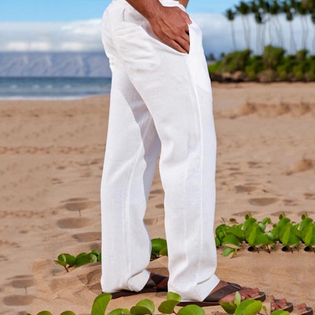 Men's Linen Pants Trousers Summer Pants Beach Pants Drawstring Elastic Waist Straight Leg Plain Comfort Outdoor Casual Daily Linen / Cotton Blend Basic Streetwear Black White