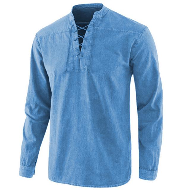 Men's Shirt Summer Shirt Band Collar Shirt Black Light Green Army Green Red Navy Blue Long Sleeve Plain Standing Collar Casual Daily Lace up Clothing Apparel Denim Fashion Streetwear Classic