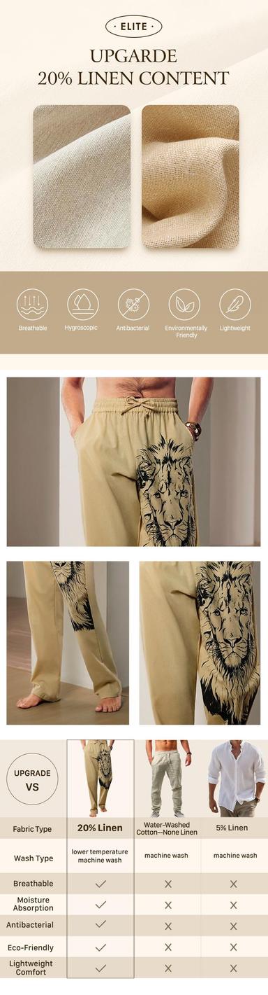 Men's Linen Pants Trousers Summer Pants Beach Pants Drawstring Elastic Waist 3D Print Animal Lion Graphic Prints Comfort Casual Daily Holiday 20% Linen Streetwear Hawaiian Blue Green